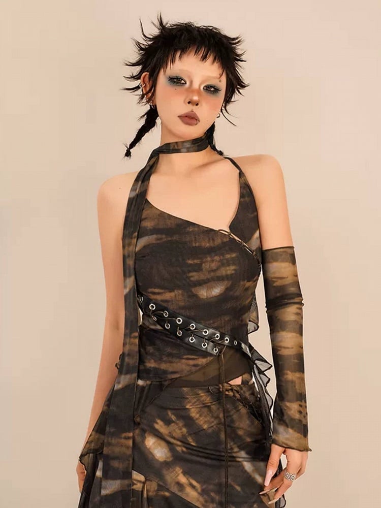 Coffee Vintage Asymmetrical Strap Sleeveless Top with One Arm Sleeve and Ribbon Set