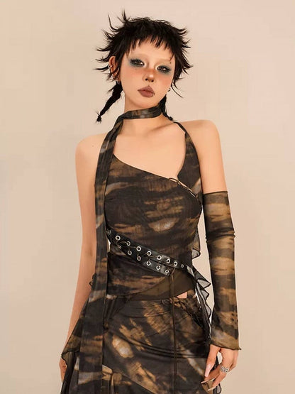 Coffee Vintage Asymmetrical Strap Sleeveless Top with One Arm Sleeve and Ribbon Set