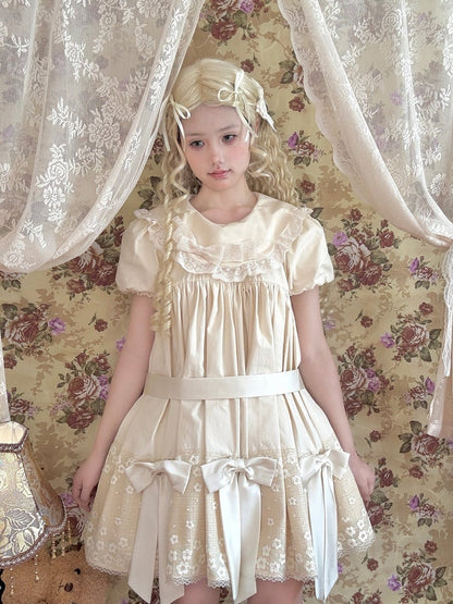 Sweet Beige Crew Neck Short Sleeve Lolita Dress Bow Accents - New Tea