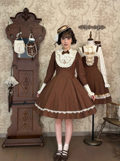 Brown Lace OP Dress with Detachable Bow - iris de nuit