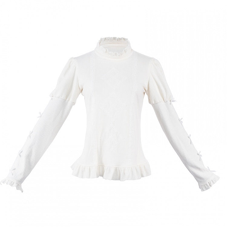 Beige Ruffle Neckline Lolita Knit Top with Bow-Accented Sleeves