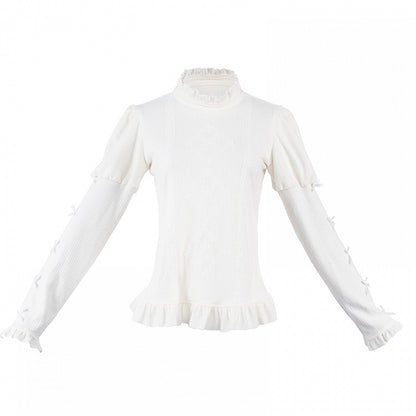 Beige Ruffle Neckline Lolita Knit Top with Bow-Accented Sleeves