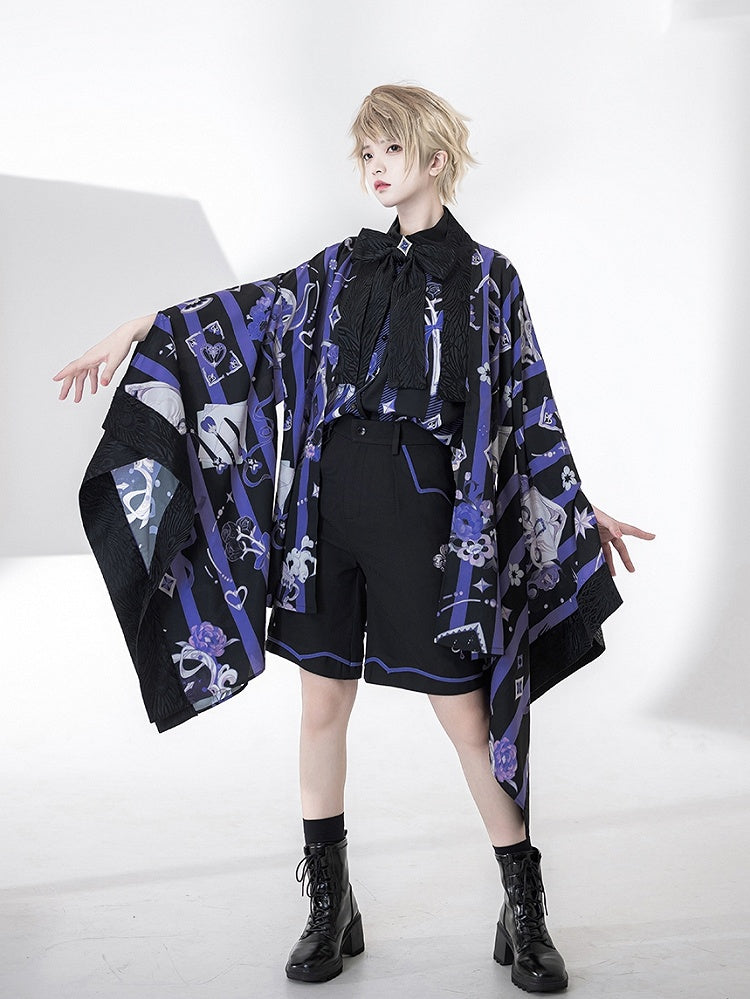 王子ファッションの蝶ネクタイ、マジシャンプリントのローズサマーシャツ、ポーカー