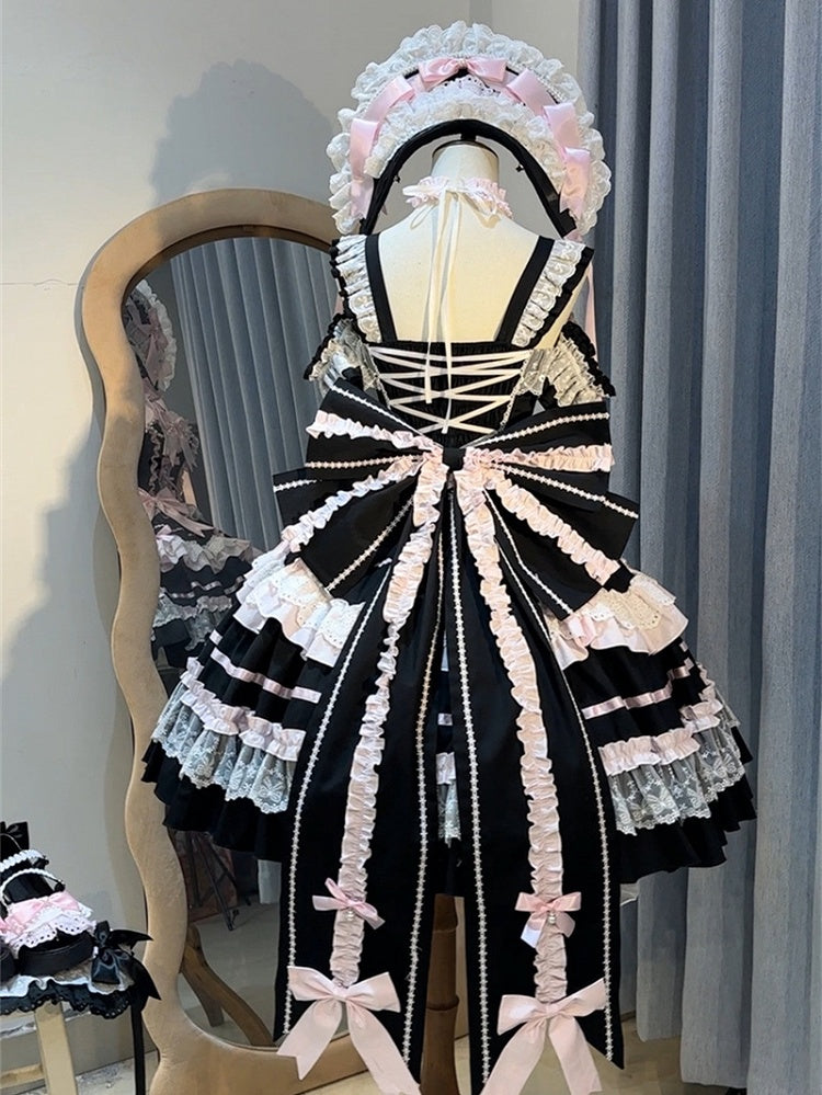 Pink Old Waist Bow Lolita Accents School and Sweet Boned Dress Black