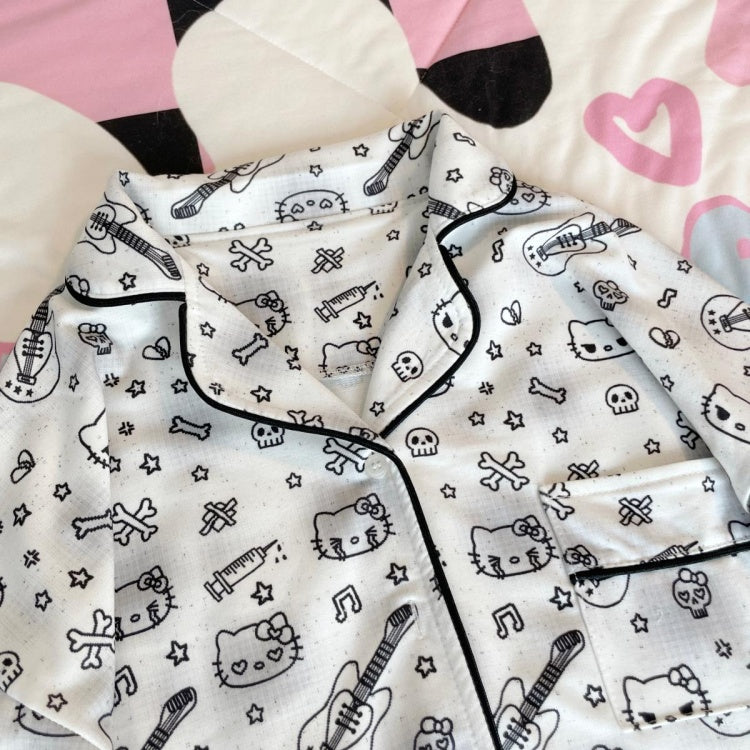 Weißes Pyjama-Set mit Kätzchen- und Gitarren-Print
