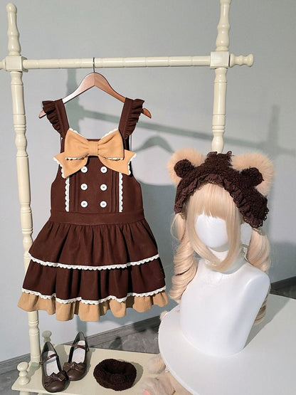 Dropped Lolita Sweet Hem Tiered Waist Dress Coffee Overall Bow with and