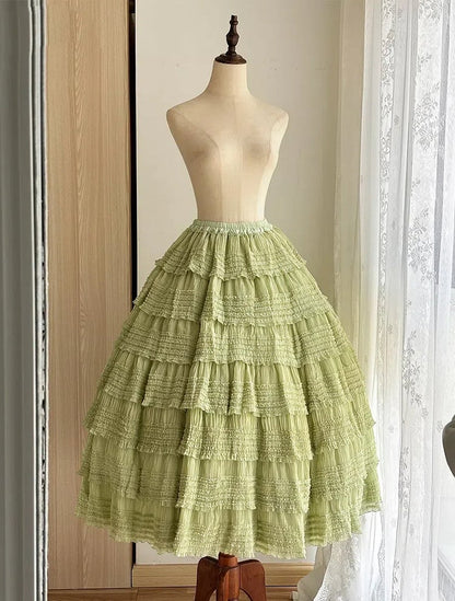 Tea Tiered Green Detail Length Skirt Under Ruffles