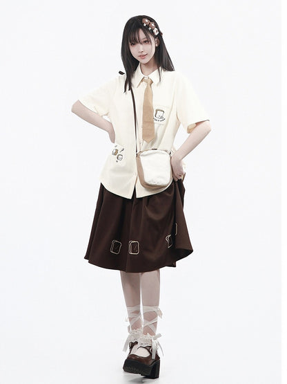 Creamy White Waffle Knit Short Sleeve Shirt with Toast Embroidery - PINK SAVIOR