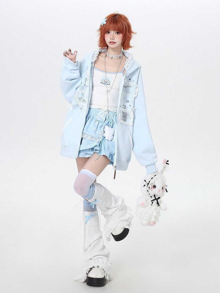 Blue Lace Trim Hoodie with Print - CRAZY GIRL