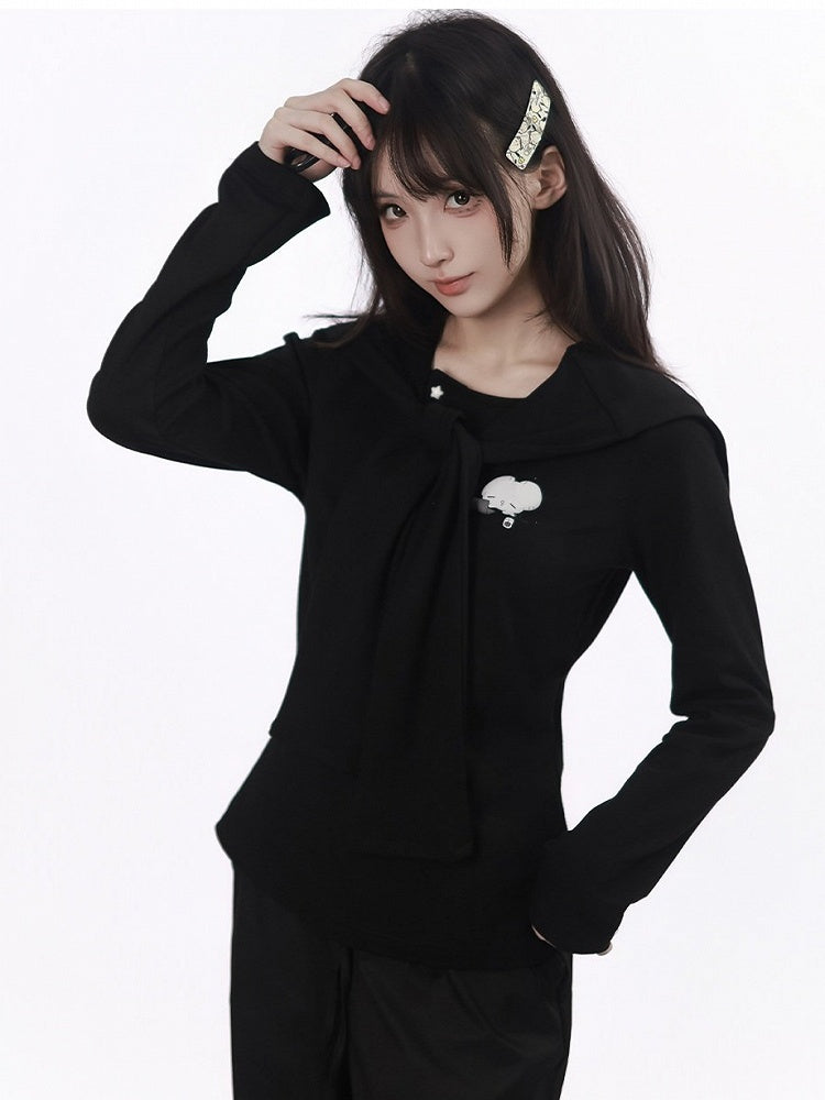 Kawaii Black Puffy Mouse Print Waist-cinching Long Sleeve Top with Shawl - PINK SAVIOR