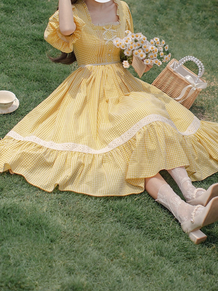 Plaid Lolita Yellow One Sleeves Neckline with Short Piece and Puff Square Sweet