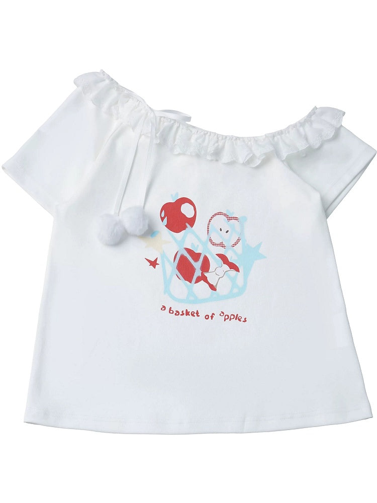 White Asymmetric T-Shirt with Apple Print and Lace - PINK SAVIOR