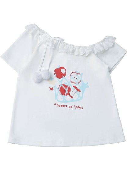 White Asymmetric T-Shirt with Apple Print and Lace - PINK SAVIOR