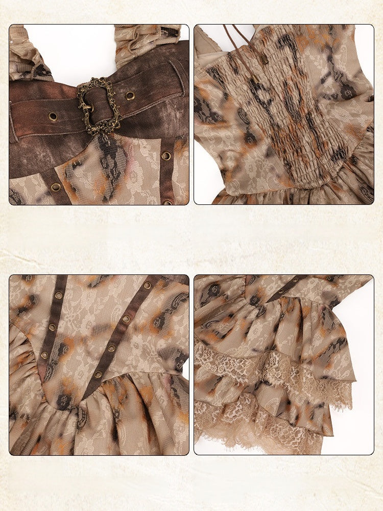 Burn-Effect Halter Dress with Tiered Ruffles and Distressed Lace - Virtual Orbit