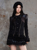 with Side Black Fabric Eyelet Puff Blouse Dotted Collar Punk Ruffled Front Zippers