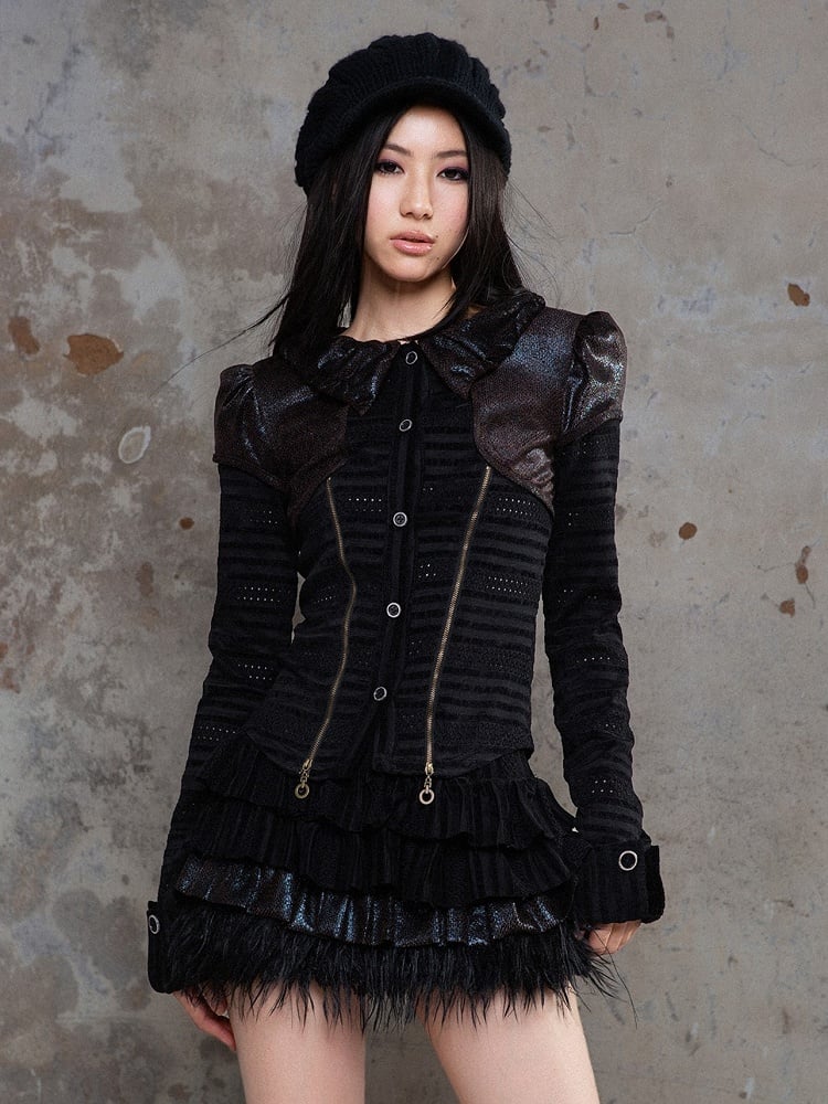 with Side Black Fabric Eyelet Puff Blouse Dotted Collar Punk Ruffled Front Zippers