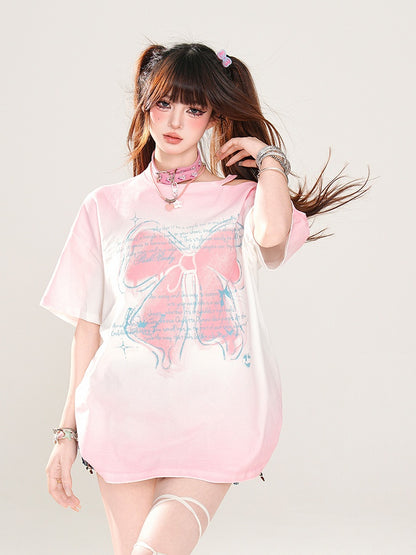 Butterfly Rose Pink/Pink/Grau Lockeres Schulter-T-Shirt Print Ombre Cutout