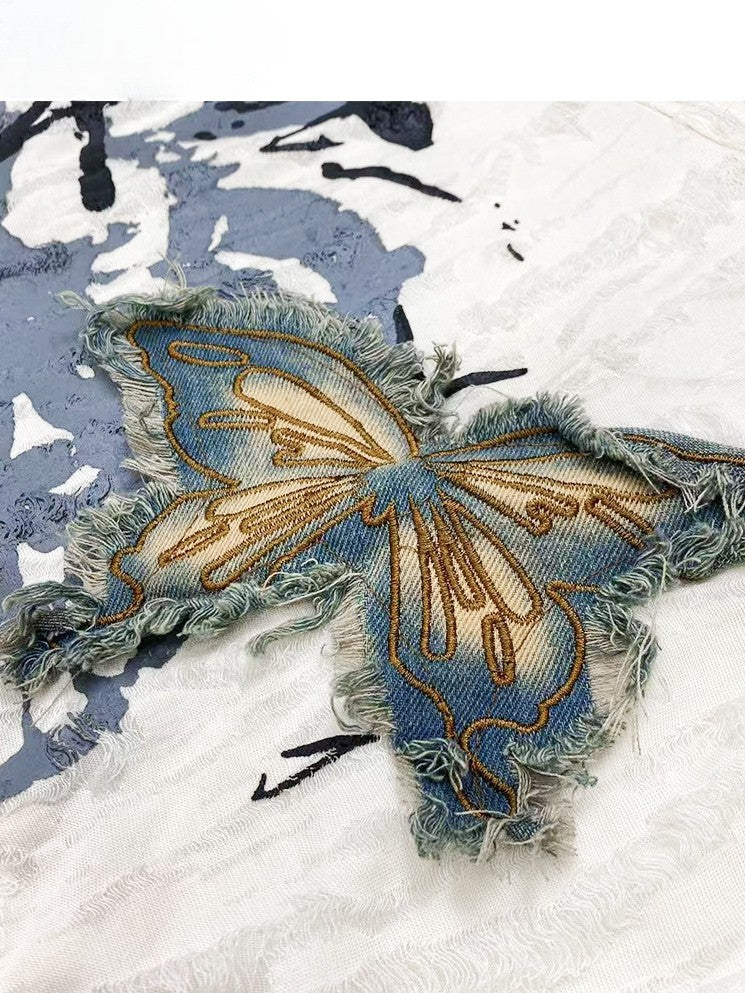 蝶の白いかわいいネックラインアップリケのほろ苦いTシャツ非対称