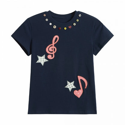Kawaii Navy Slim Crewneck Tee with Music Note Embroidery and Buttons - Languid Park