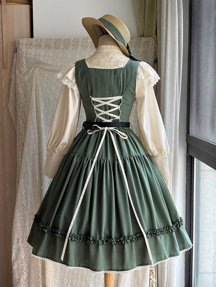 Green Elegant Classic Lolita JSK Dress with Ruffled Front Placket and Lace Trim