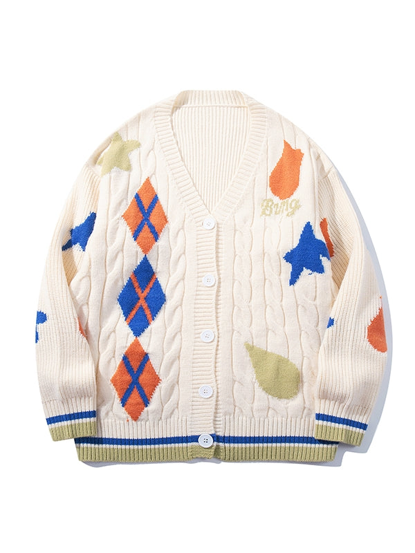 Christmas Milk White/Navy Blue Diamond Pattern V-neck Cardigan