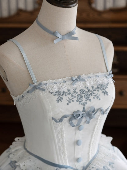 Blue & White Floral Print Lolita JSK with Bow Embellishments - CEL