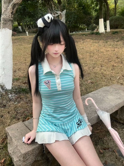 Blue Polo Collar Striped Sleeveless Dress Ruffle Hem - kukuwa
