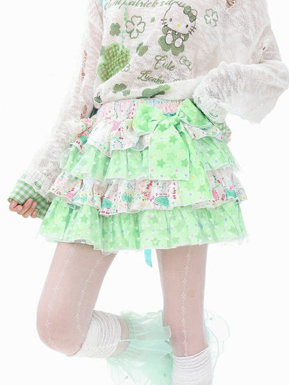 Tiered Skirt Starry with Prints Bow Y2K Botanical Accent Green