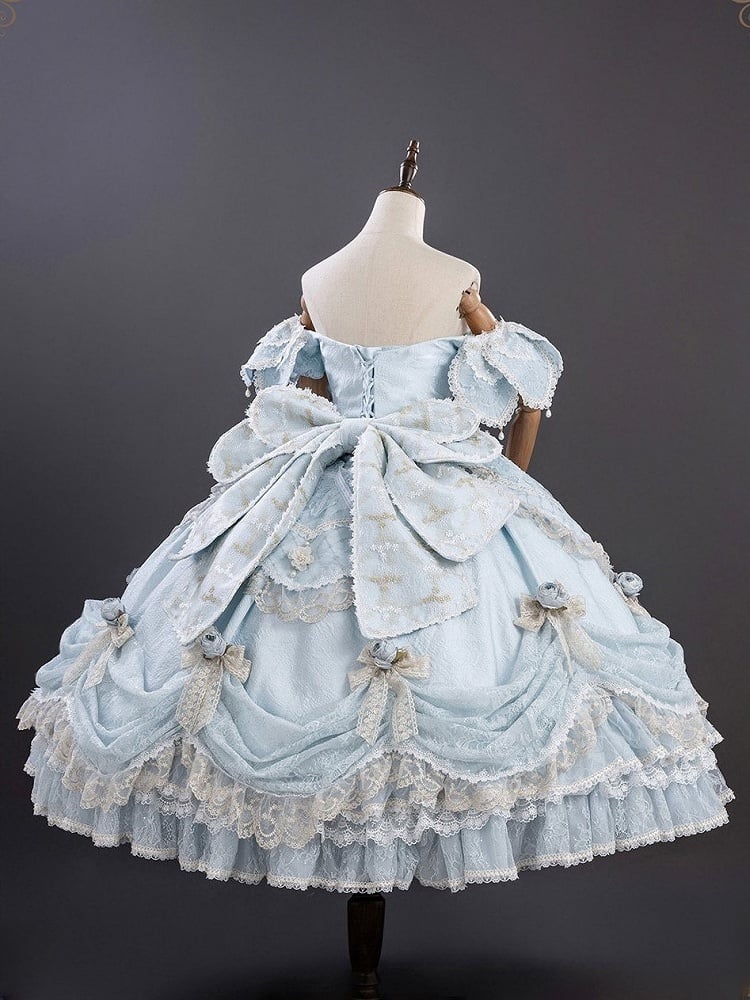Version Light Hime Off-Shoulder Lace and with Details Gown Layered Blue Lolita Hanayome Bow Short Ruffles