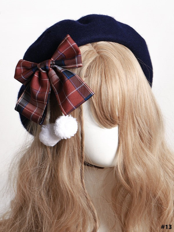 14 Color Options Plaid Bow Beret with Pom-Pom Accents