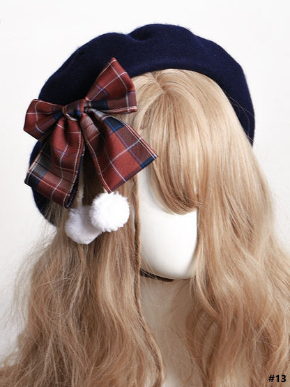 14 Color Options Plaid Bow Beret with Pom-Pom Accents