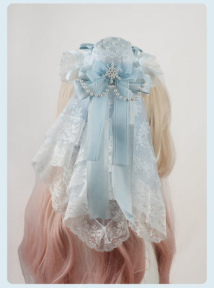 Blue Big Bow Lace Trim Snowflake Beaded Chain Mini Hat+Snowflake Pattern Lace Veil