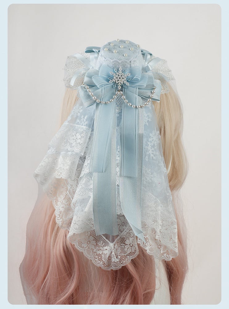 Blue Big Bow Lace Trim Snowflake Beaded Chain Mini Hat+Snowflake Print Lace Veil