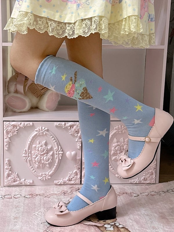 Rosa/Blau/Lila/Gelb/Weiße Lolita-Socken mit Eisdesign und Kalbsdruck in Creme