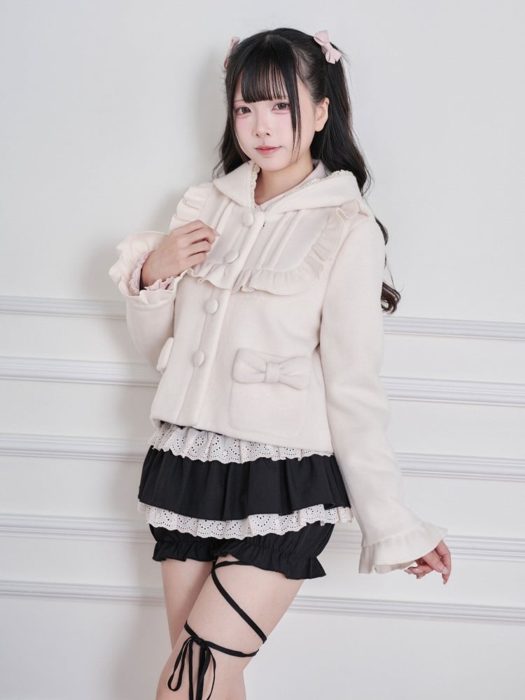 Apricot Ryousangata Wool-Blend Short Hooded Jacket, Ruffled Detail - No Genki