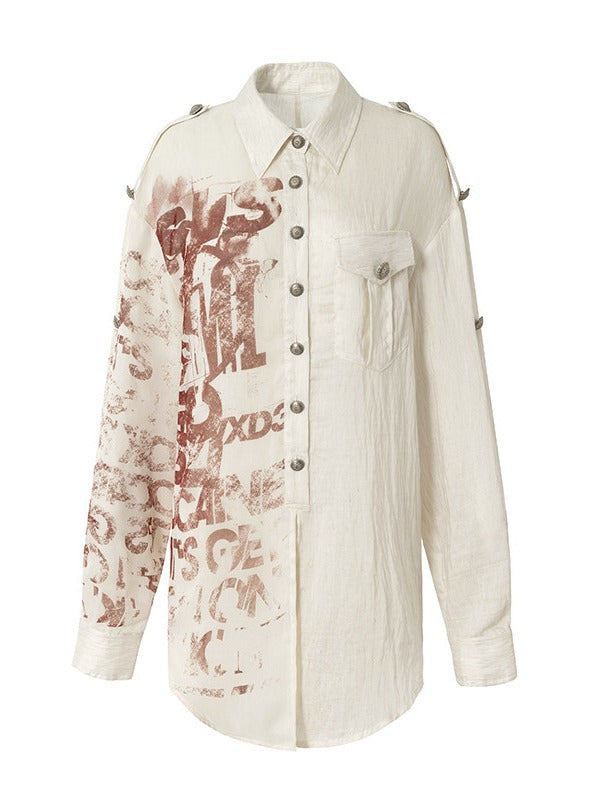 Apricot Distressed Graffiti Print Loose Long Sleeve Shirt, Punk Style - NO ROMANCE