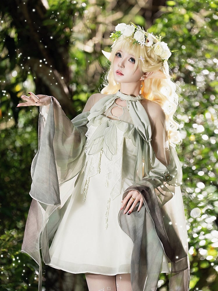 Mori Fairy Green Beige Halter Lolita Gown with Cutout Lace Accents - Unknown Star