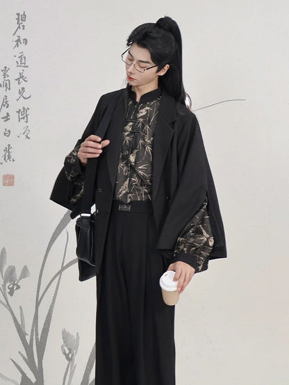 Chinese Placket Cuff Blazer Sleeve Style Black Button in Vents Breasted Double