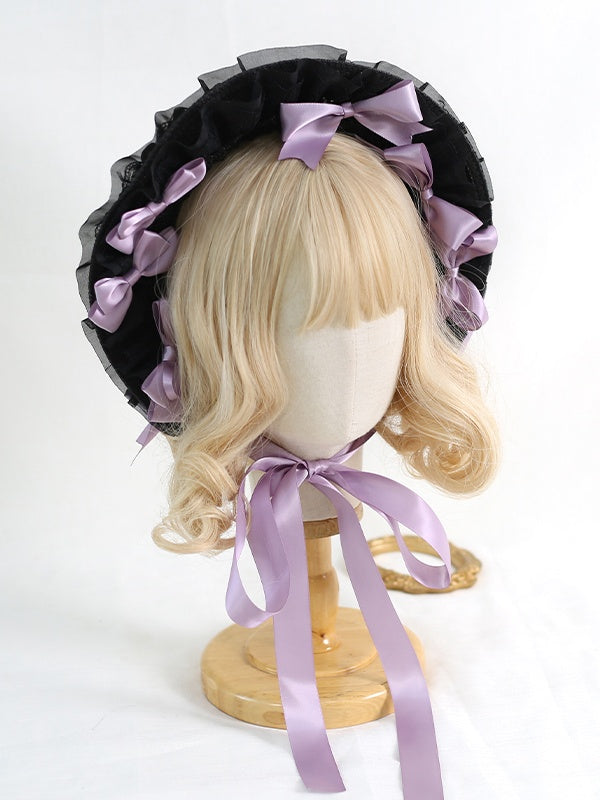 Lolita With Detachable Bowknots Bonnet Colors Lace-Trimmed Black 8