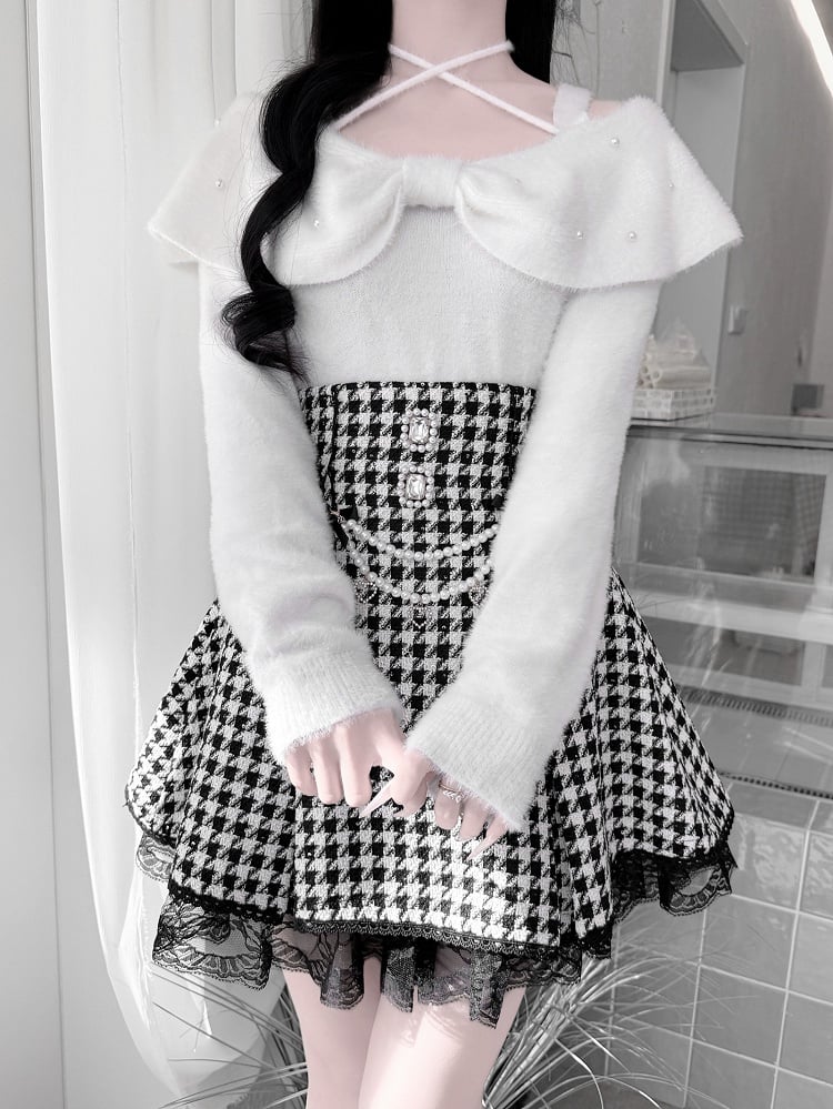 Mink Collar Convertible Kei White Fresh Plush Sweater: Pure in Jirai Bow Two Styles for Aesthetic