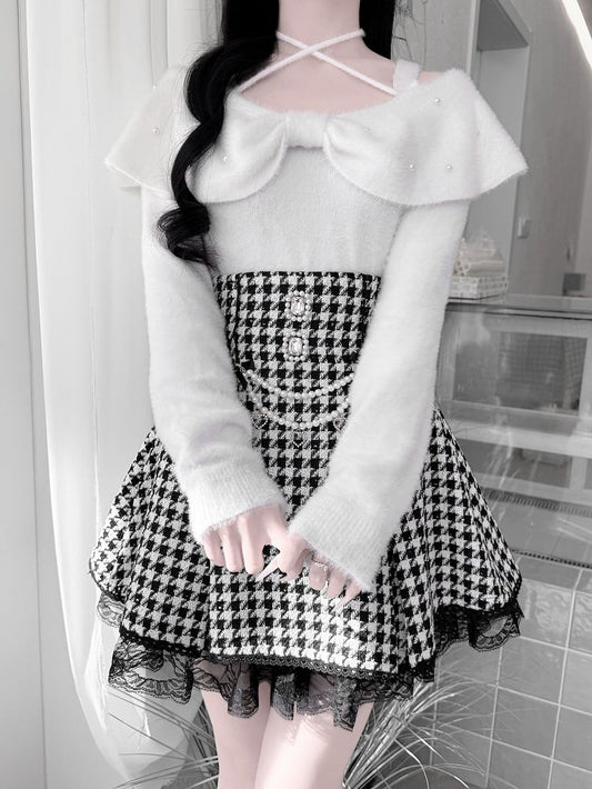 Mink Collar Convertible Kei White Fresh Plush Sweater: Pure in Jirai Bow Two Styles for Aesthetic