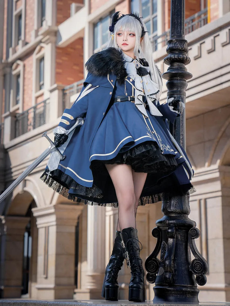 XXL Goldmantel Blauer Rock + Set Cape Shirt Jabot Besatz Ausverkaufsgröße Voll Lolita Militär und