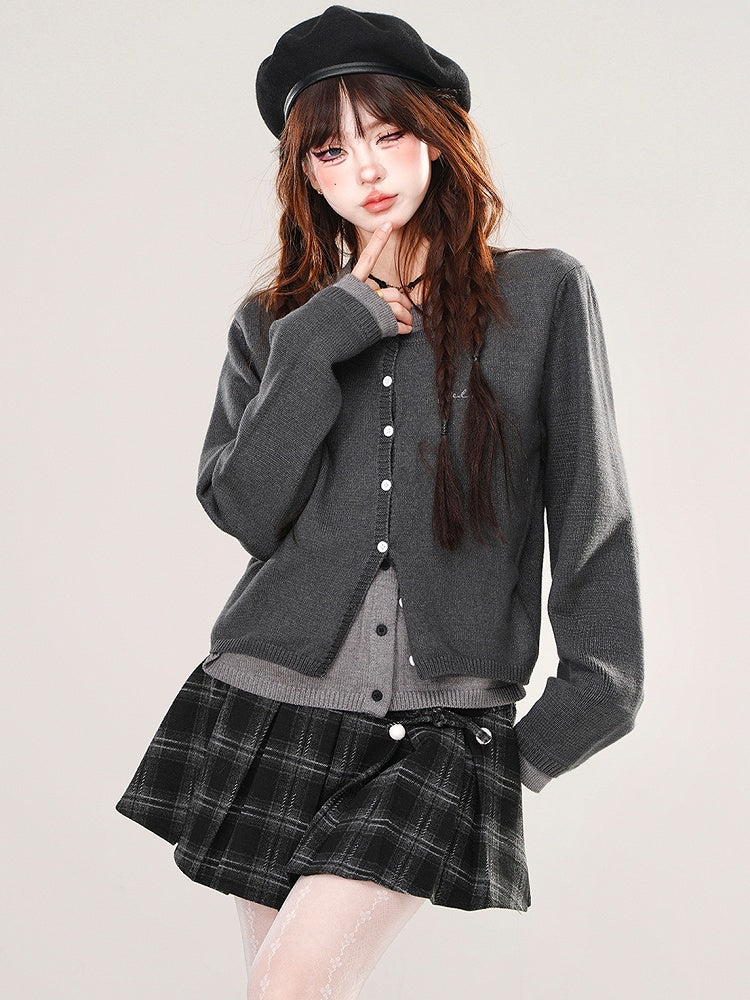 Blue/Dark Grey Fake Two-piece Cardigan