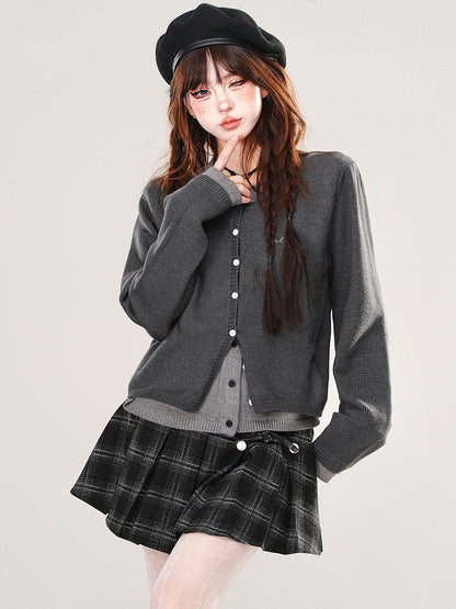 Blue/Dark Grey Fake Two-piece Cardigan