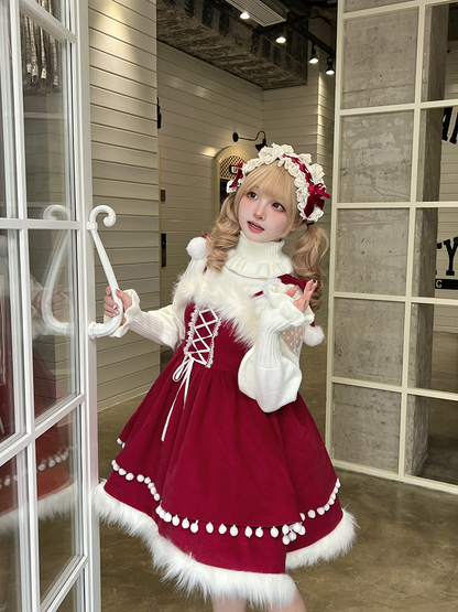 Accents Jumper Skirt with Lolita Self-tie Bow Wine Shoulder Sweet Detachable Straps Christmas Red