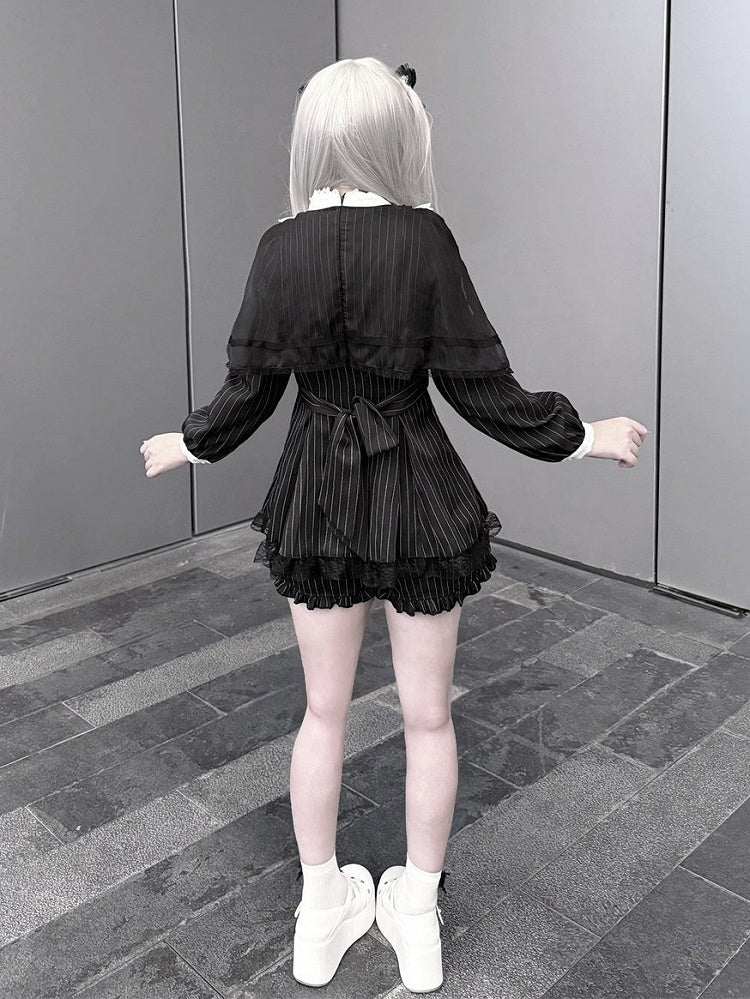 Black Jirai Kei Striped Long-Sleeve Dress with Lace Mesh Cape, Bow Tie & Shorts Set - Puppet Bombs