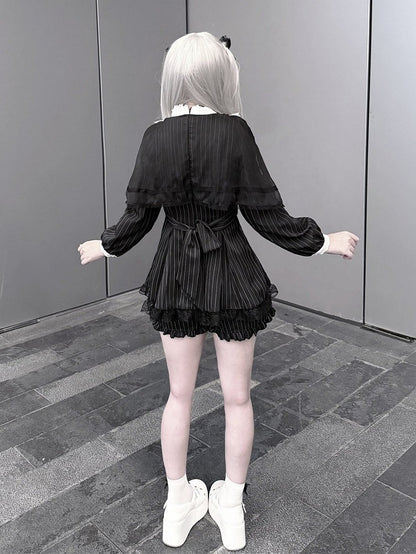 Black Jirai Kei Striped Long-Sleeve Dress with Lace Mesh Cape, Bow Tie & Shorts Set - Puppet Bombs