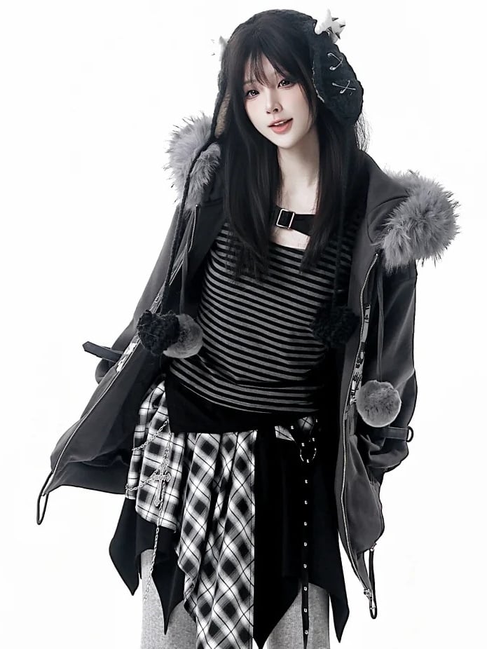 Design Pattern Button Long Slim-fitting with Striped - Black Sleeve Y2K Grey Top Metal