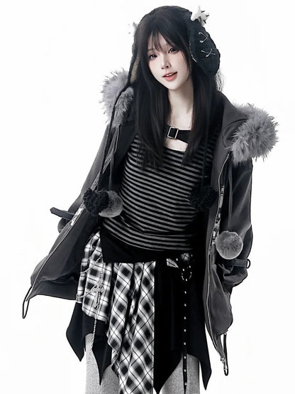 Design Pattern Button Long Slim-fitting with Striped - Black Sleeve Y2K Grey Top Metal