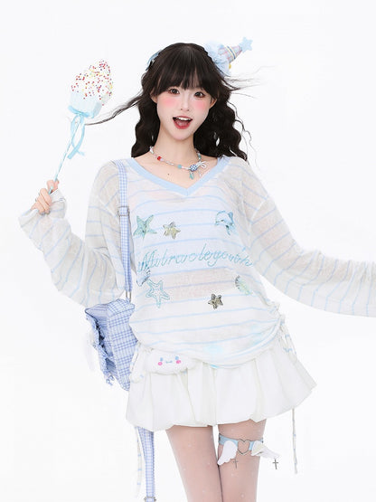 Print with Semi-Sheer Striped White Top Long-Sleeve Oceanic